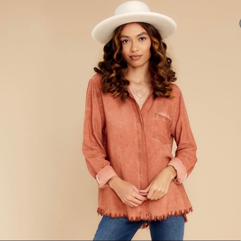 Clay Distressed Button Down Top